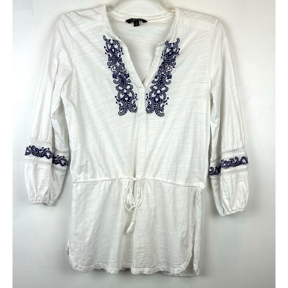 Lauren Ralph Tunic Top Womens M White Embroidered Cinched Boho Vacation Cruise